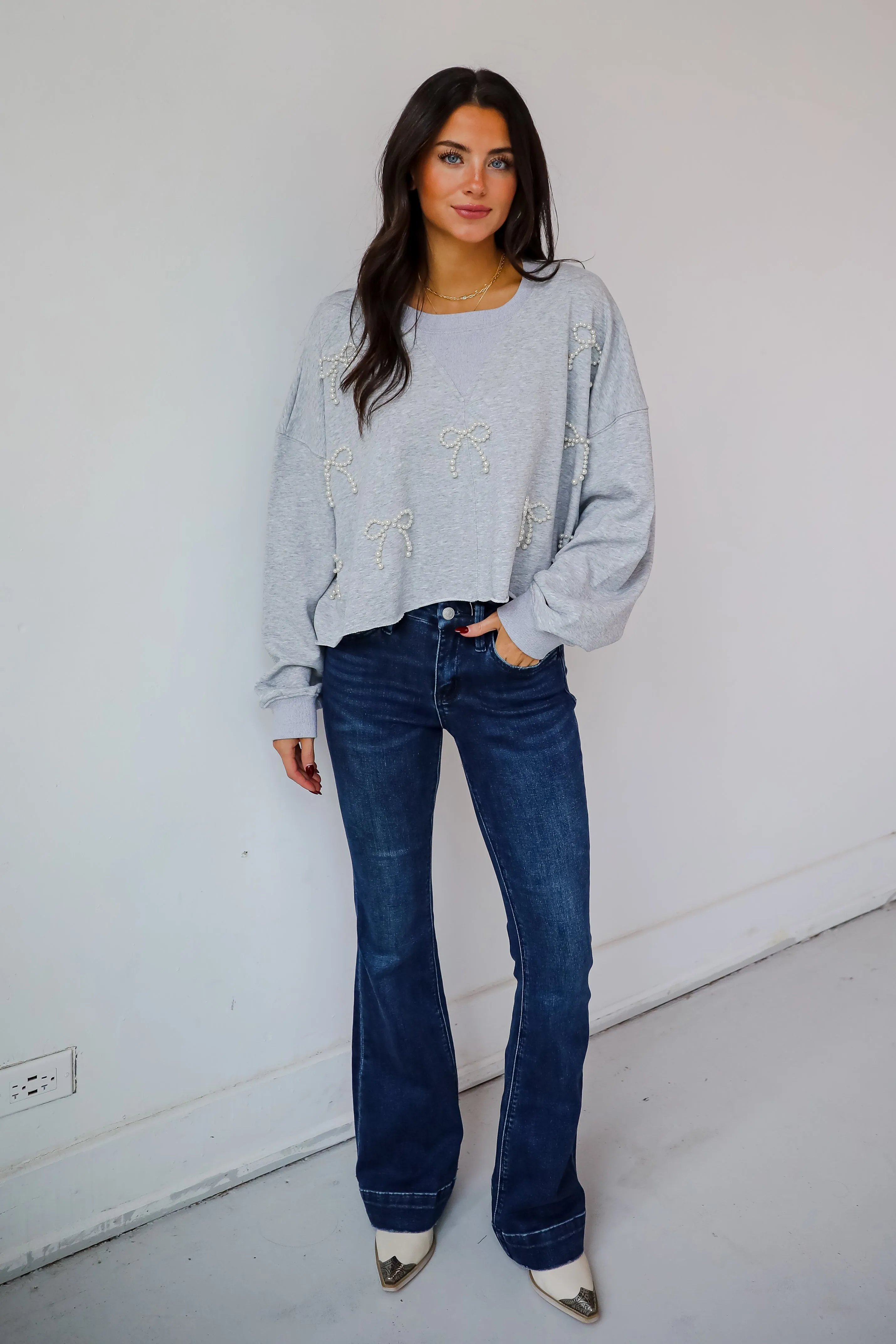 FINAL SALE - Dazzling Warmth Pearl Bow Cropped Pullover